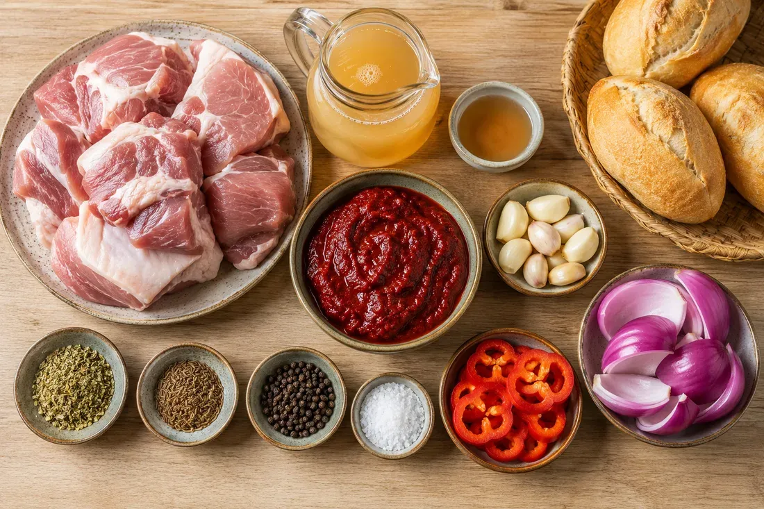 Pork shoulder, chicha de jora, ají panca and spices laid out for the marinade