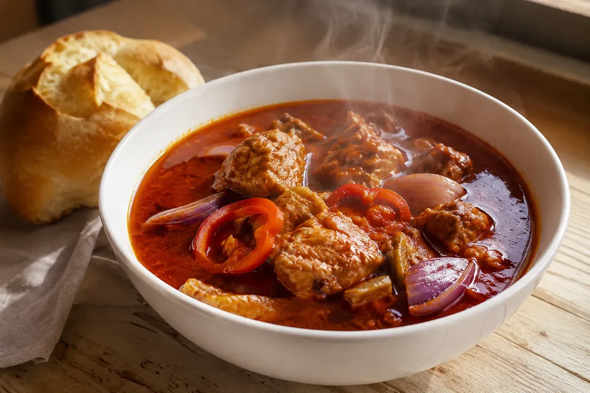 A clay bowl of adobo arequipeño: pork in red braising liquid with onion petals