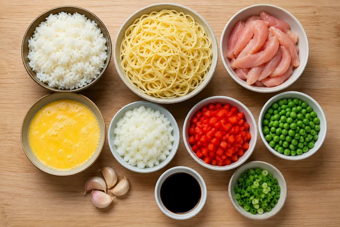 Cooked rice, egg noodles, chicken, egg, scallion and soy sauce laid out before the wok goes on