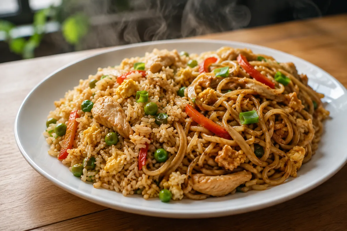 Aeropuerto, fried rice and noodles served together on the same plate