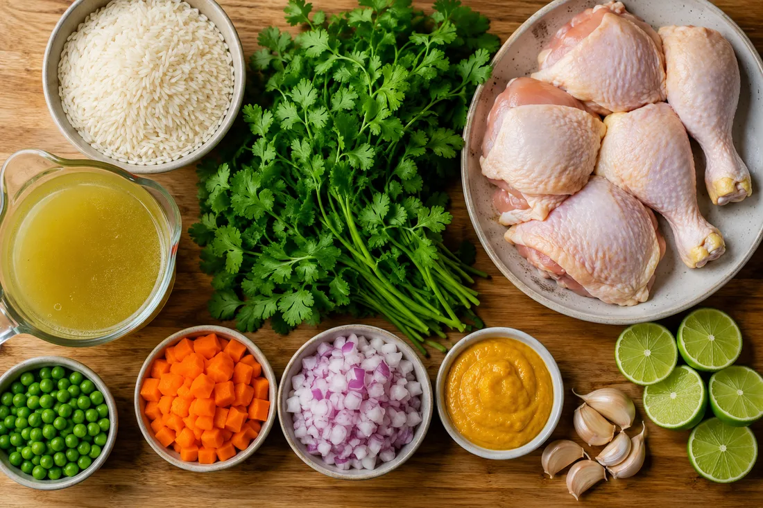 Chicken pieces, rice, cilantro, peas, carrot and ají amarillo before they go into the pot