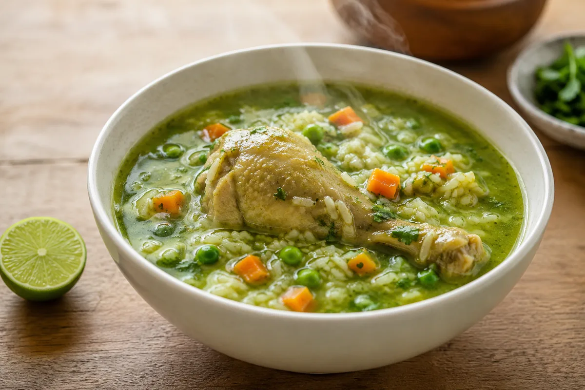 A bowl of aguadito de pollo, thick green chicken and rice soup