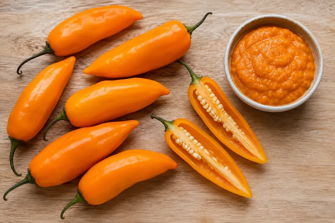 Whole and halved fresh ají amarillo chiles beside a bowl of bright orange ají amarillo paste