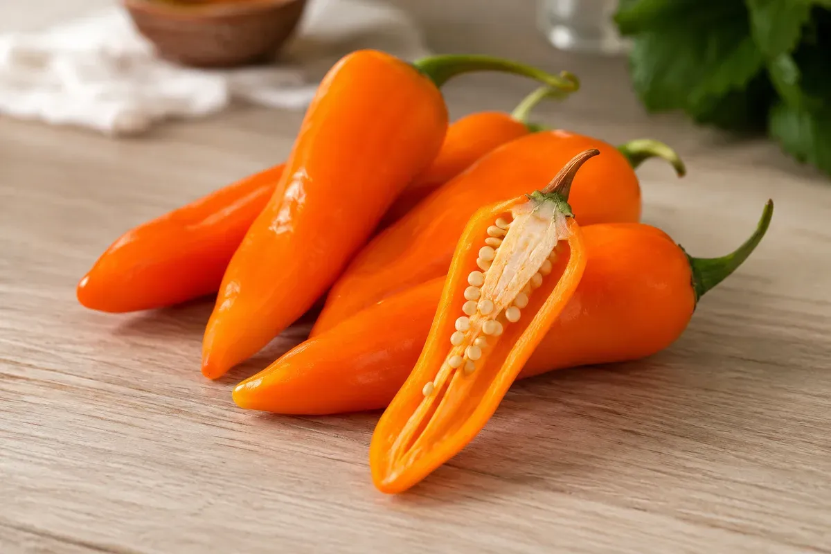 A pile of fresh golden-orange ají amarillo chiles, one sliced open to show the seeds and pale veins
