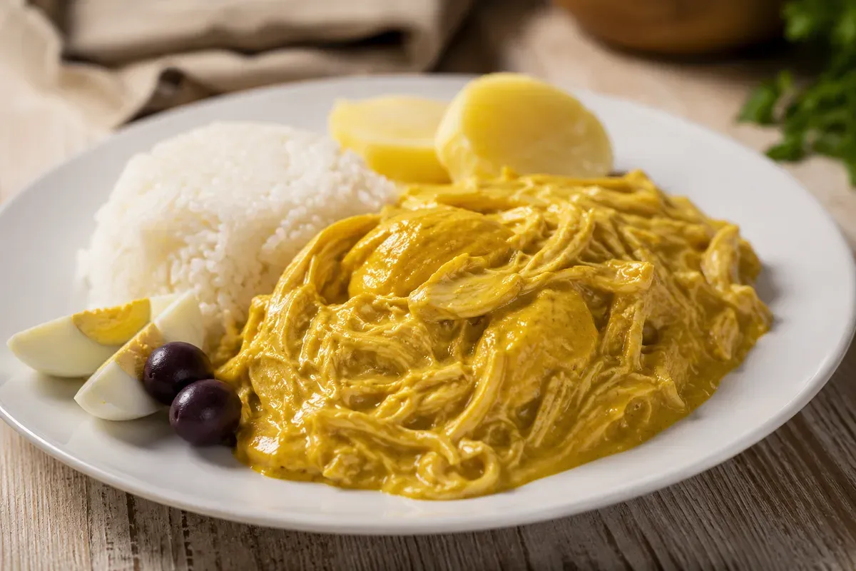 A plate of golden, creamy ají de gallina with shredded chicken, beside white rice, boiled potato, egg quarters and black olives