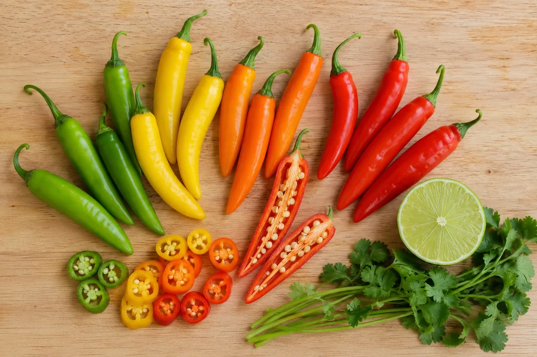Small red, yellow and orange ají limo chiles beside a lime and a bowl of ceviche