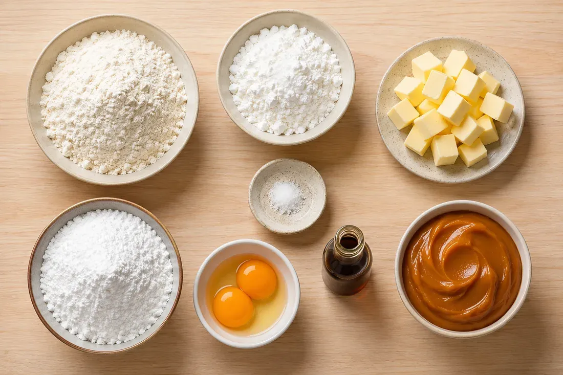 Flour, cornstarch, cold butter and powdered sugar on one side; a jar of thick manjar blanco on the other