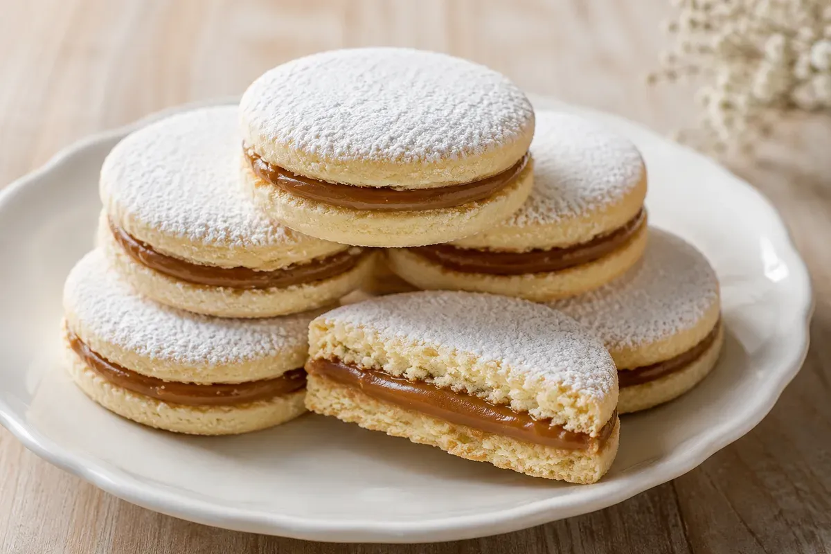 A stack of powdered-sugar alfajores with manjar blanco peeking from the seams