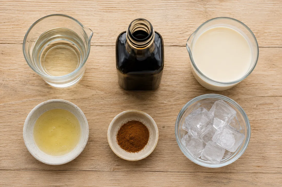 A bottle of algarrobina syrup, pisco, evaporated milk, egg and cinnamon on a wooden counter