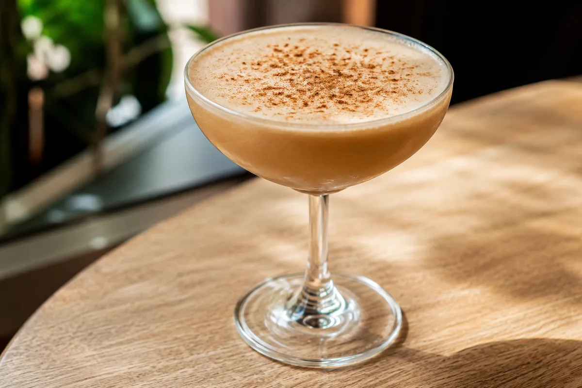 A glass of algarrobina, a creamy dark pisco cocktail