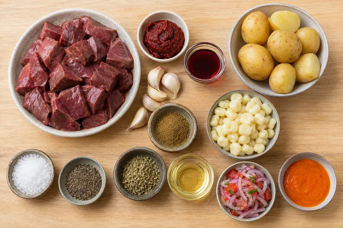 Cubed beef heart, ají panca paste, garlic, red wine vinegar, cumin, oregano, oil, potatoes, choclo corn, salsa criolla and ají amarillo paste
