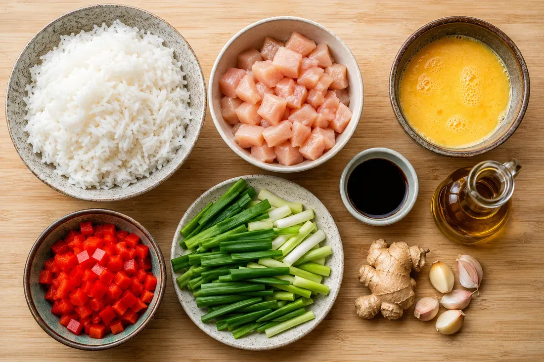 Cold cooked rice, diced chicken and beaten eggs on one side; soy sauce, ginger, garlic and scallions on the other