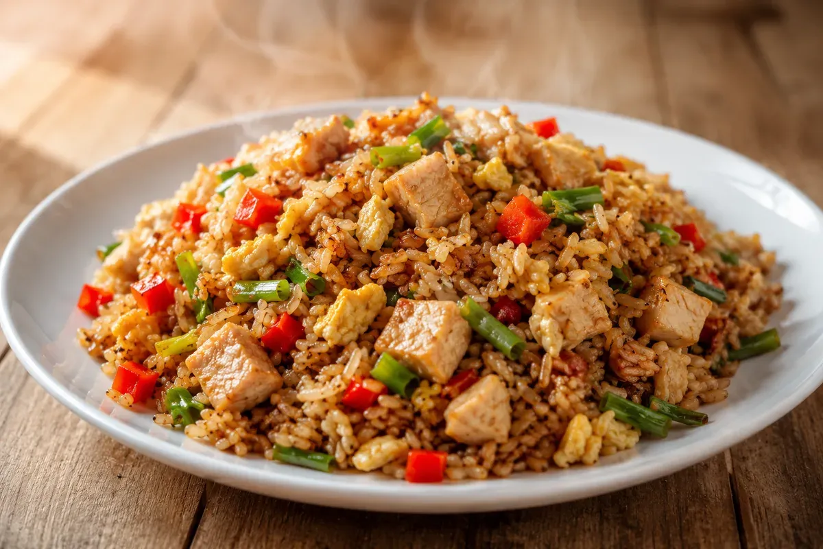 A wok of arroz chaufa with egg ribbons, scallions and char marks