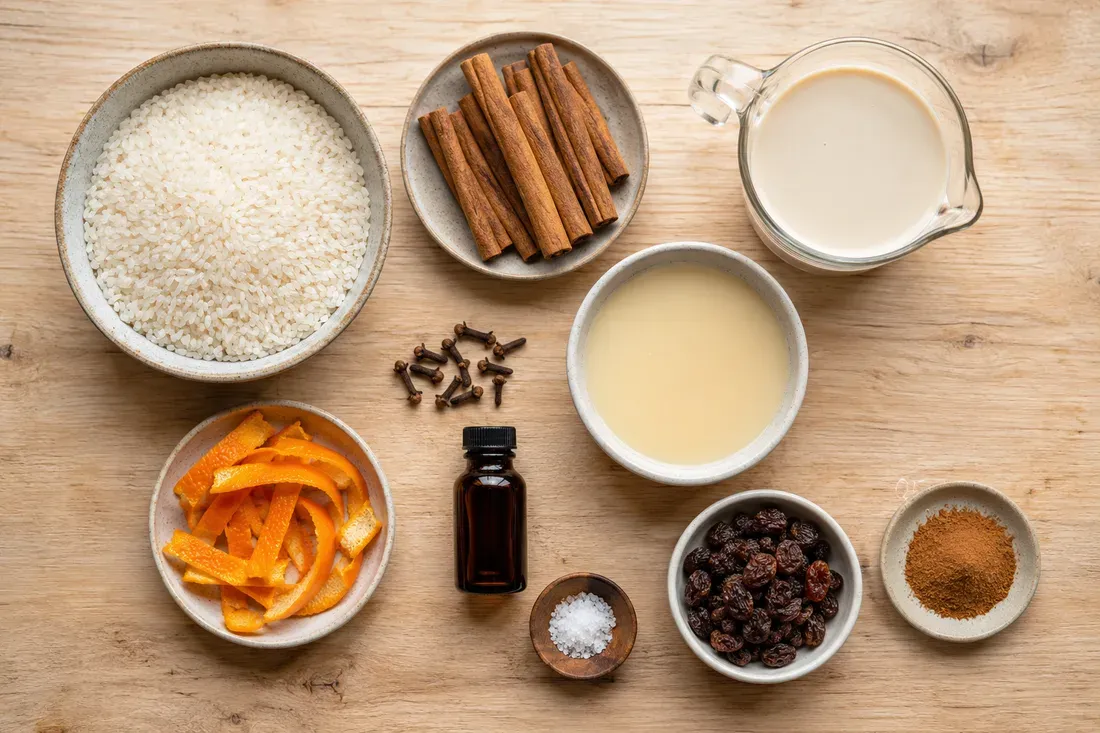 Rice, cinnamon sticks and cloves on one side; evaporated and condensed milk on the other