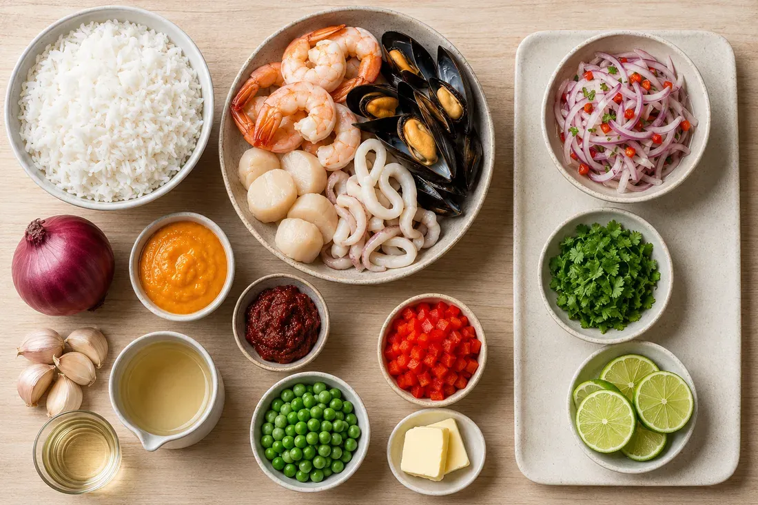 Cold cooked rice, shrimp, squid rings and mussels on one side; ají amarillo and ají panca paste, onion and garlic on the other