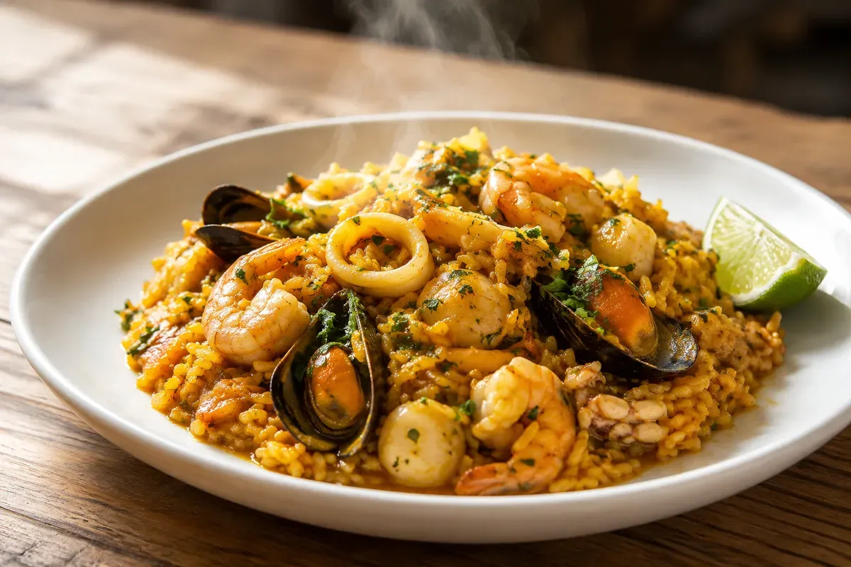 A pan of red-gold seafood rice with shrimp, squid rings and peas