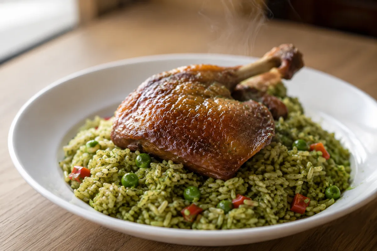 A plate of arroz con pato, green cilantro rice with braised duck
