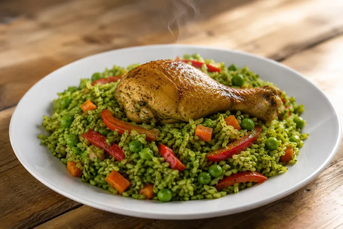A plate of deep green rice with braised chicken, peas and red pepper strips
