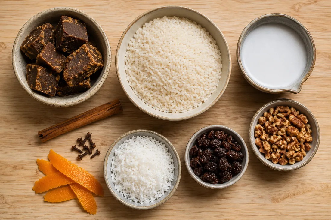 Chancaca, rice, coconut, raisins, cinnamon and clove set out before cooking