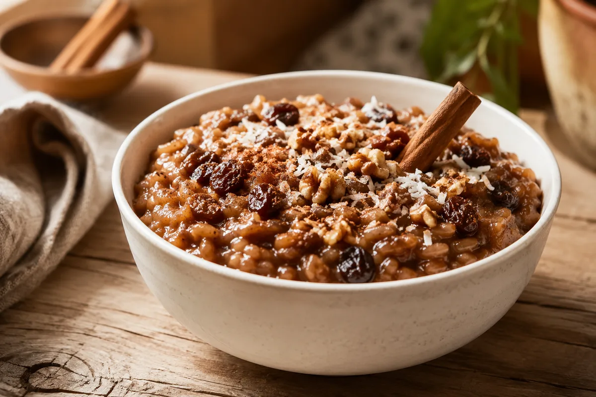 Arroz zambito, dark spiced rice pudding with coconut and raisins