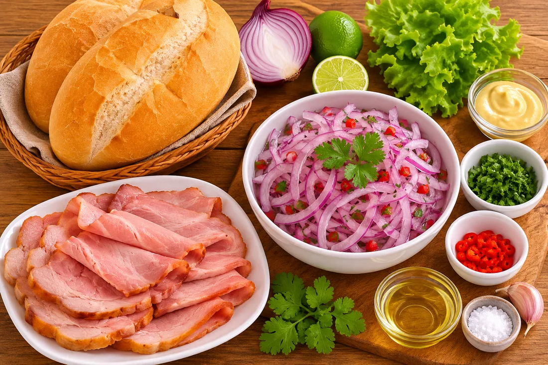 Pan francés rolls, sliced country ham, red onion and lime for the salsa criolla