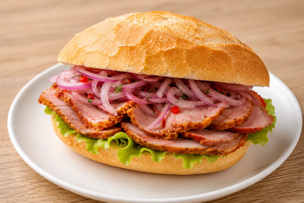 Butifarra, Peruvian ham sandwich with salsa criolla and lettuce