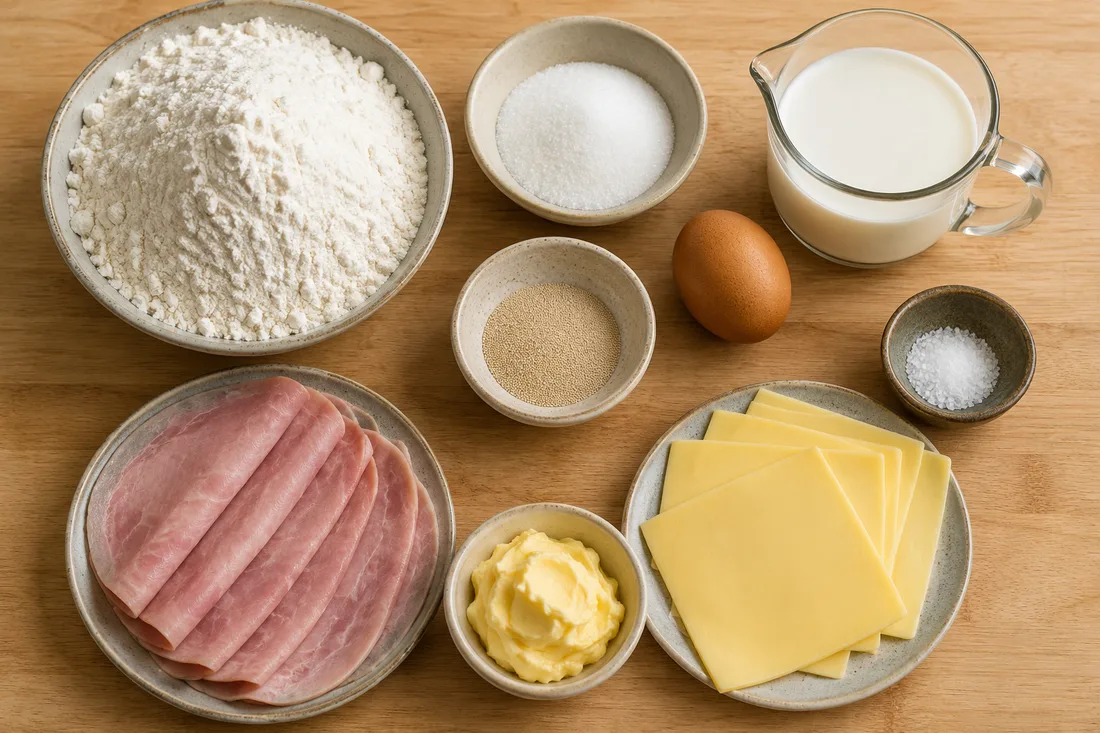 Flour, yeast, milk, butter, ham and cheese laid out before mixing