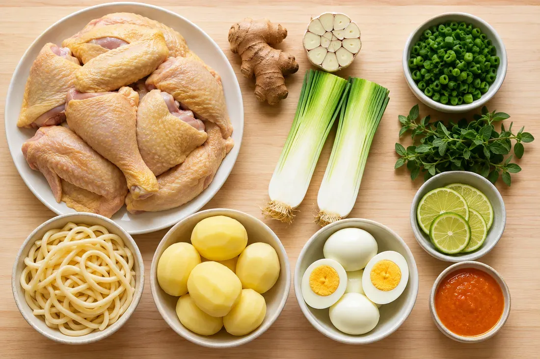 Hen pieces, ginger, halved garlic, leeks, scallions, oregano, lime, noodles, potatoes, boiled eggs and a bowl of ají sauce