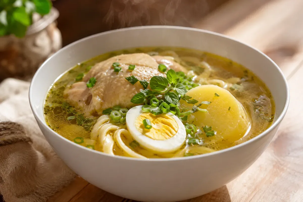 A steaming bowl of caldo de gallina with a piece of hen, noodles, potato, half a boiled egg, scallions and oregano