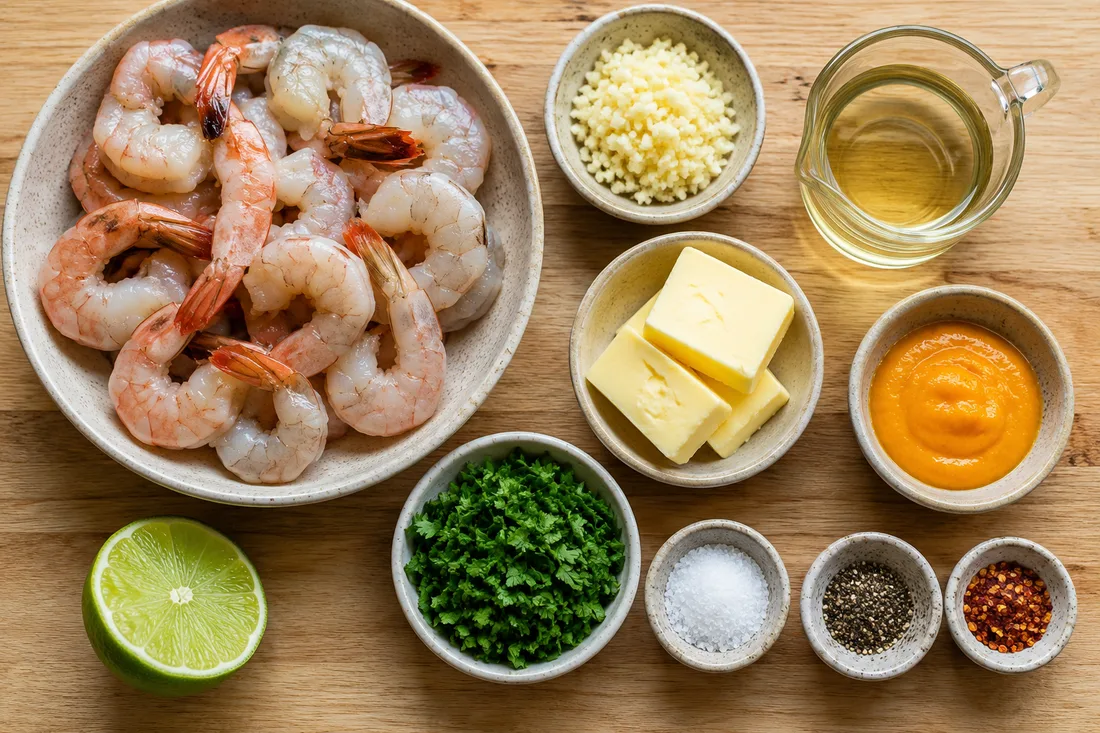 Raw shrimp, garlic cloves, butter, parsley and a lime before cooking