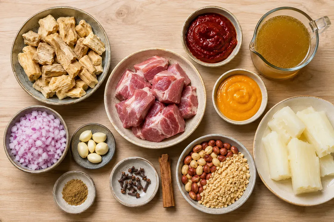 Papa seca, pork chunks, roasted peanuts and ají panca laid out before toasting