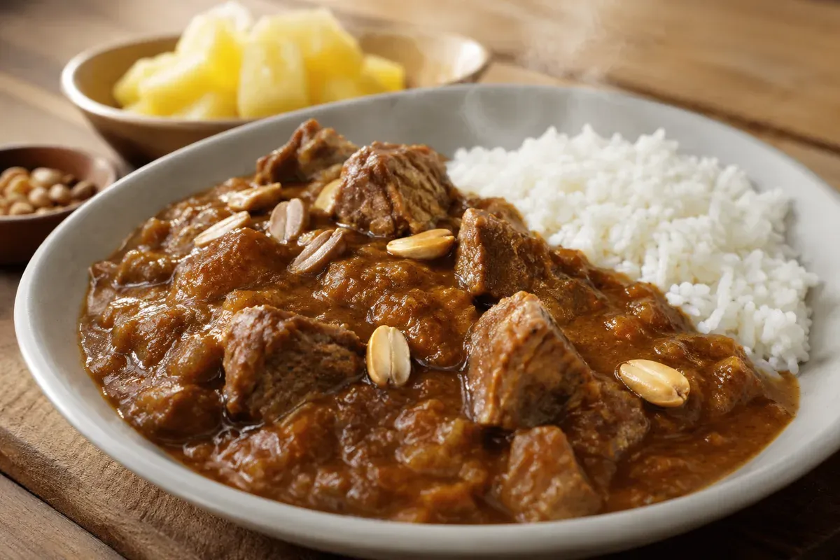 A rustic bowl of carapulcra: dark stew of dried potato, pork and peanut
