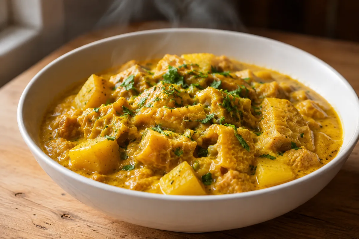A bowl of cau cau, yellow tripe stew with potato and mint