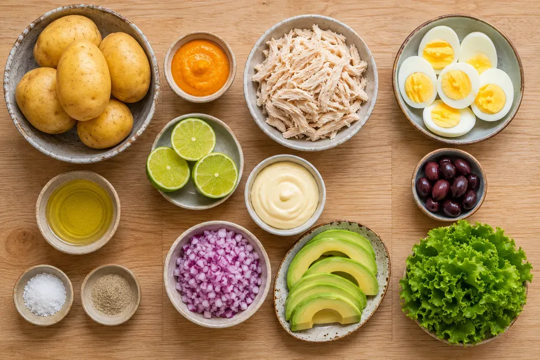 Yellow potatoes, ají amarillo paste, shredded chicken, boiled eggs, limes, mayonnaise, olives, oil, salt, white pepper, diced red onion, avocado and lettuce