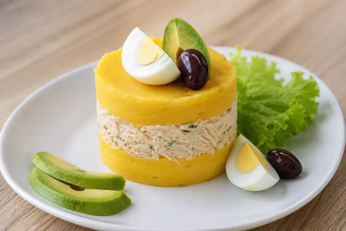 An individual causa limeña: golden ají-yellow potato layered around a creamy filling, topped with egg, avocado and an olive