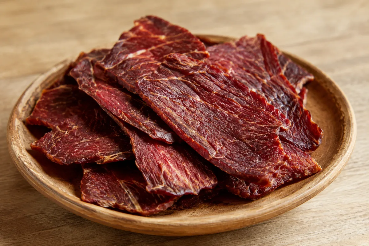 Cecina, smoked and sun-dried Amazonian pork, sliced on a wooden plate