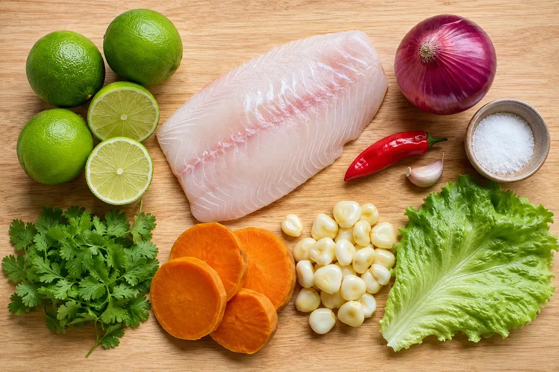 A firm white fish fillet, limes, red onion, red ají, garlic, salt, cilantro, sweet potato, choclo corn and lettuce