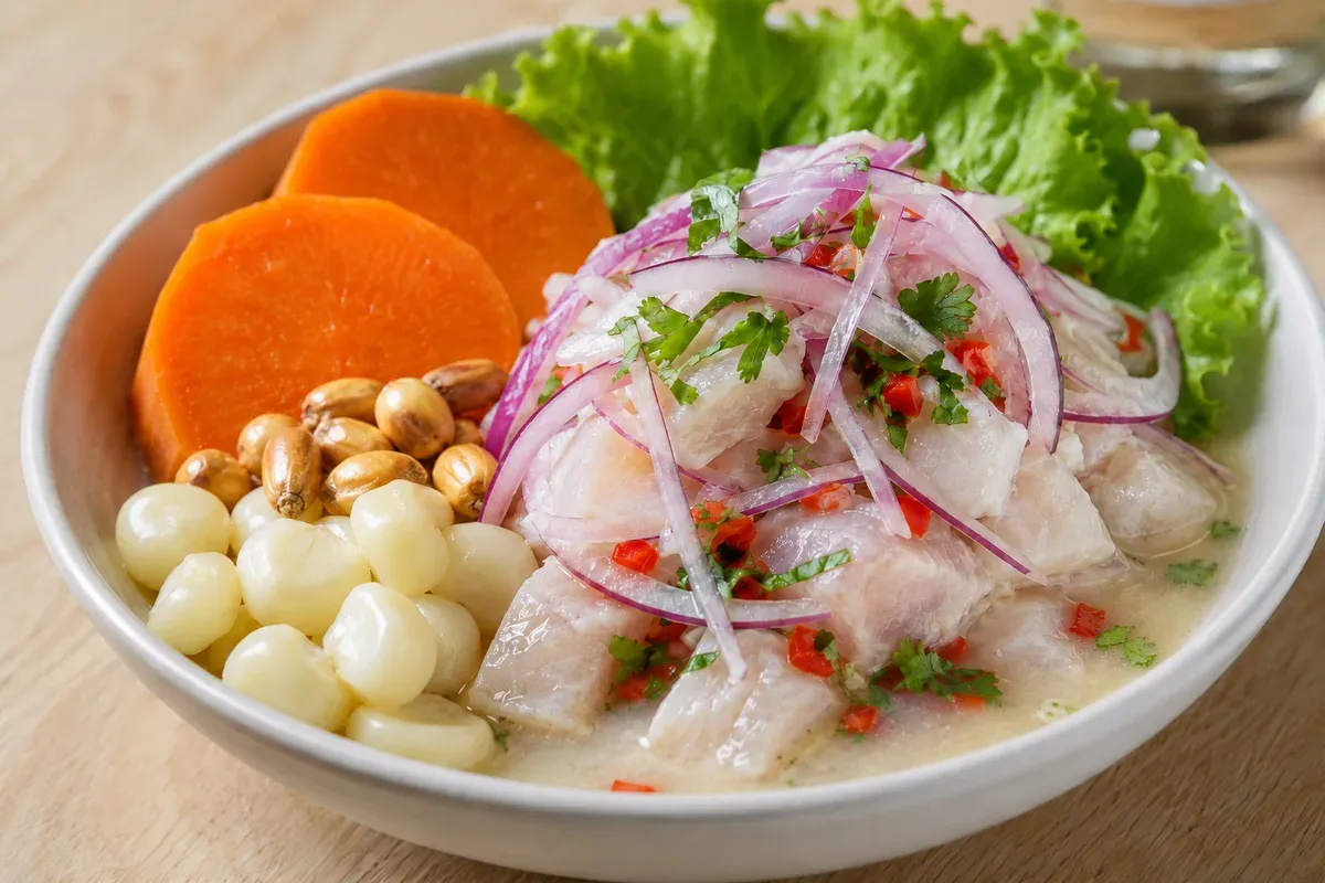 A bowl of Peruvian ceviche: pearly fish cubes in leche de tigre with red onion and cilantro, served with sweet potato, choclo and cancha
