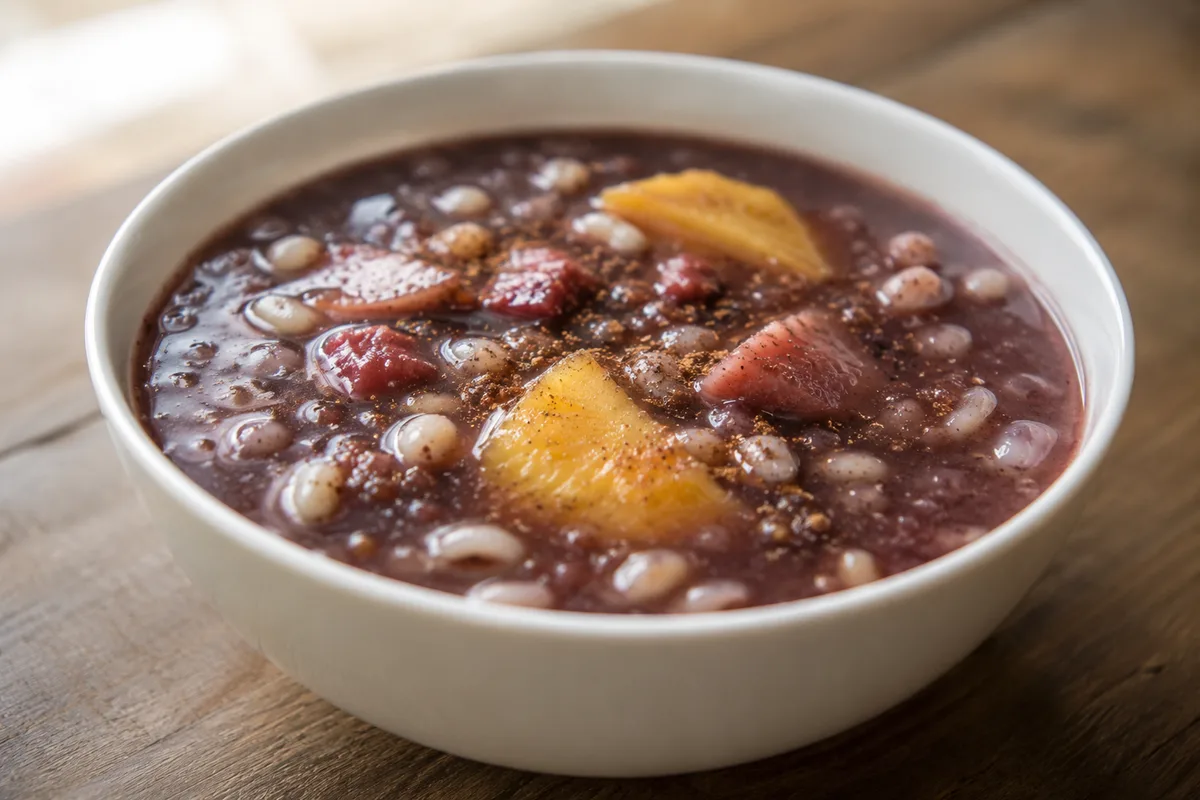 A bowl of champús, warm purple corn pudding with hominy and fruit