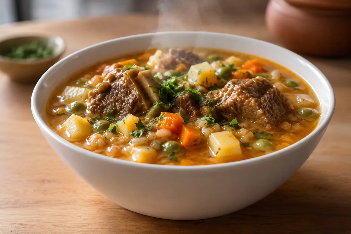A bowl of chaque, thick wheat and beef soup