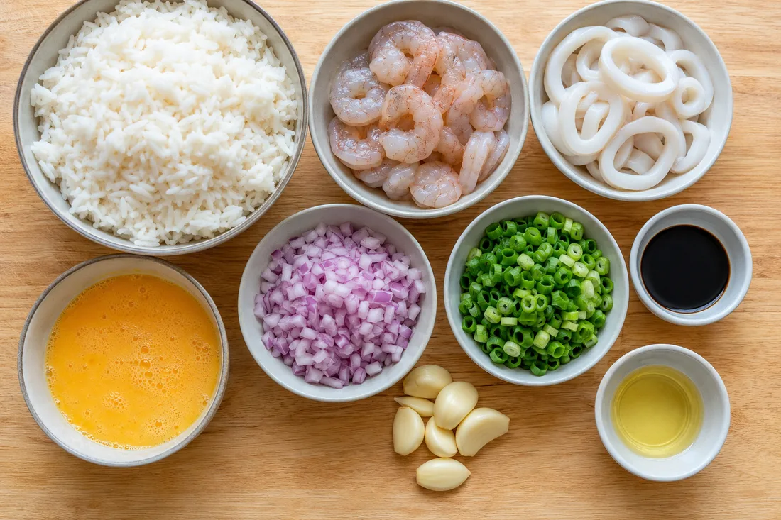 Ingredients for chaufa de mariscos