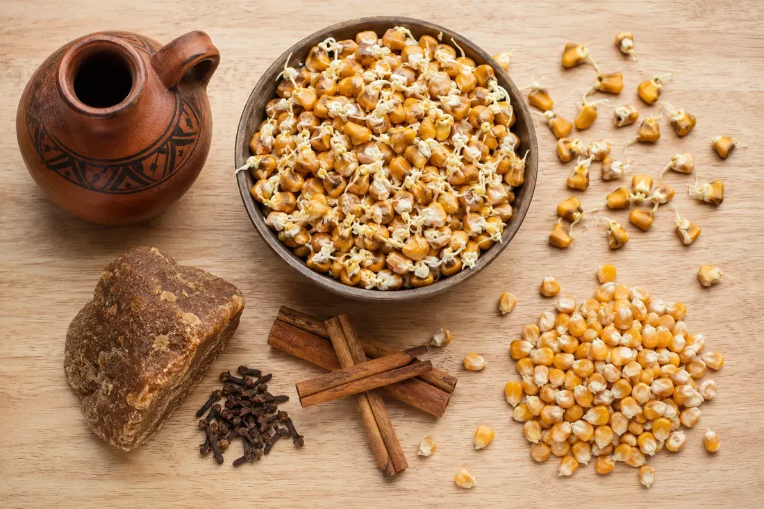 A jar of chicha de jora next to sprouted jora corn, ready for the braising pot