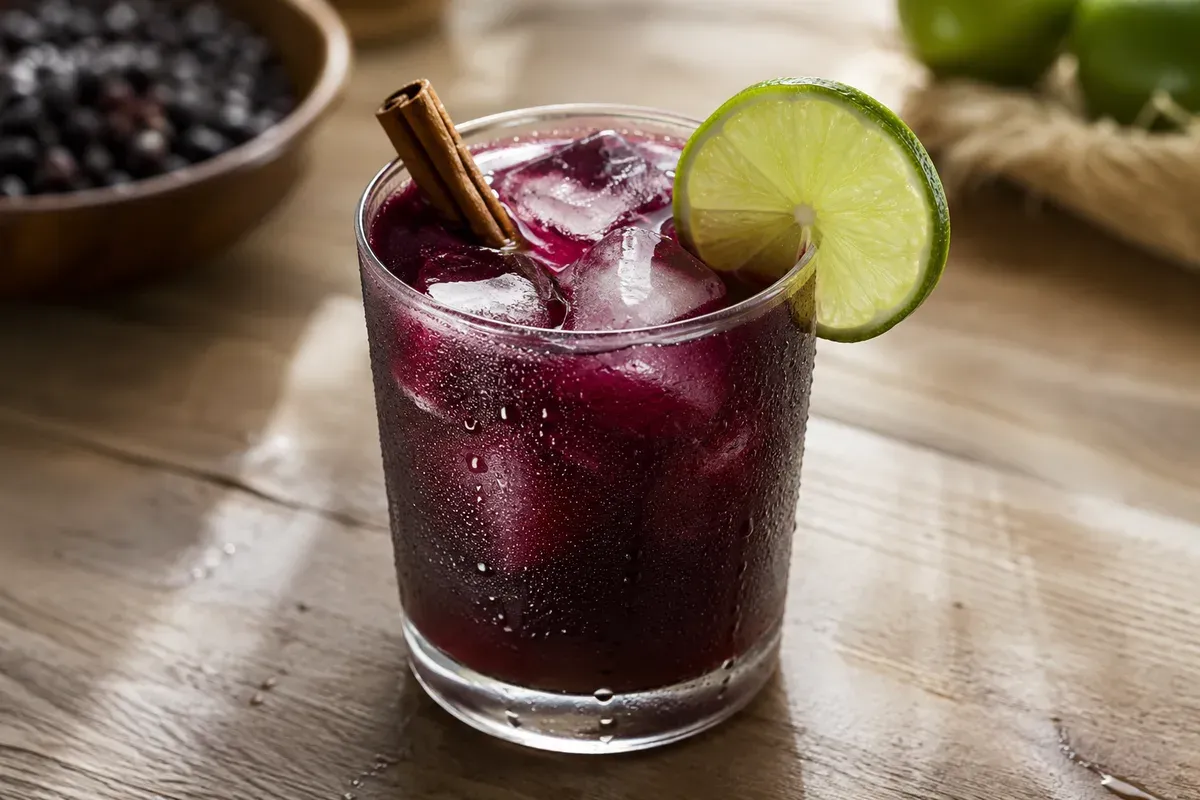 A glass of deep purple chicha morada with a cinnamon stick and lime wheel, dried purple corn behind it