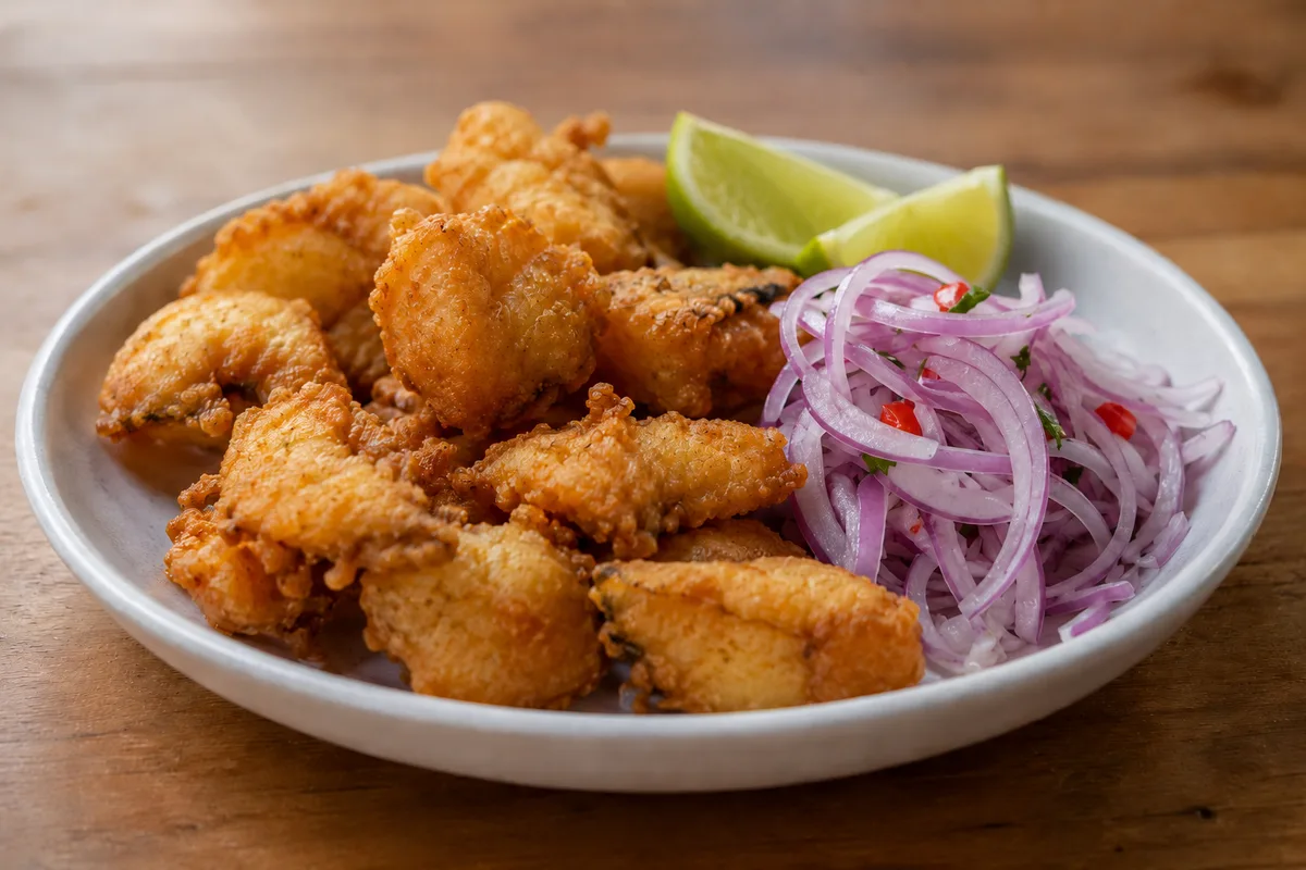 Chicharrón de pescado, golden fried fish pieces with lime and salsa criolla
