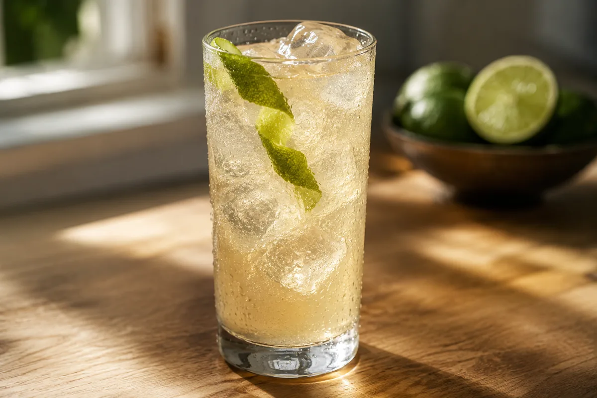 A tall glass of chilcano de pisco with lime and ice