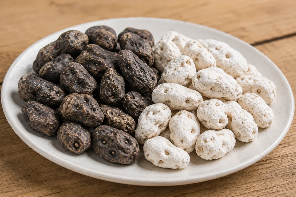 Dried chuño, small dark shrunken potatoes