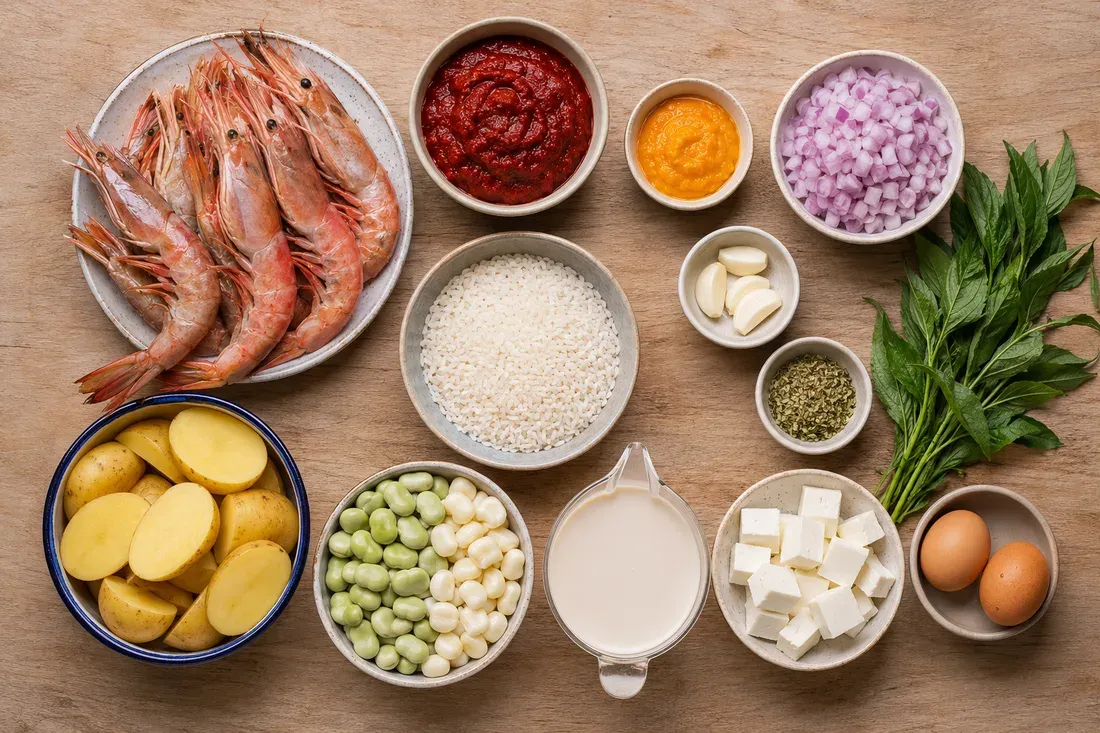 Whole shrimp, potatoes, corn, fava beans and queso fresco laid out for the chowder
