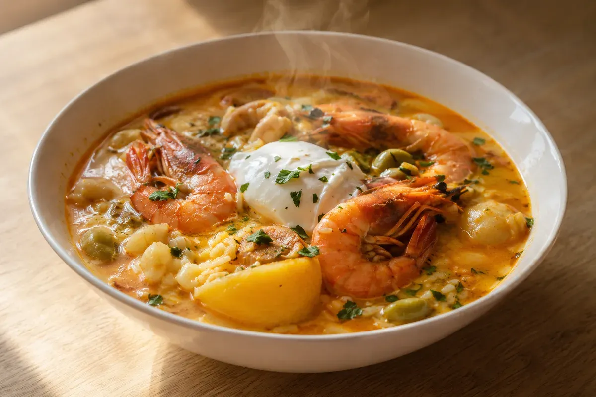 A wide bowl of red-gold chupe de camarones with whole shrimp, corn, potato and a poached egg
