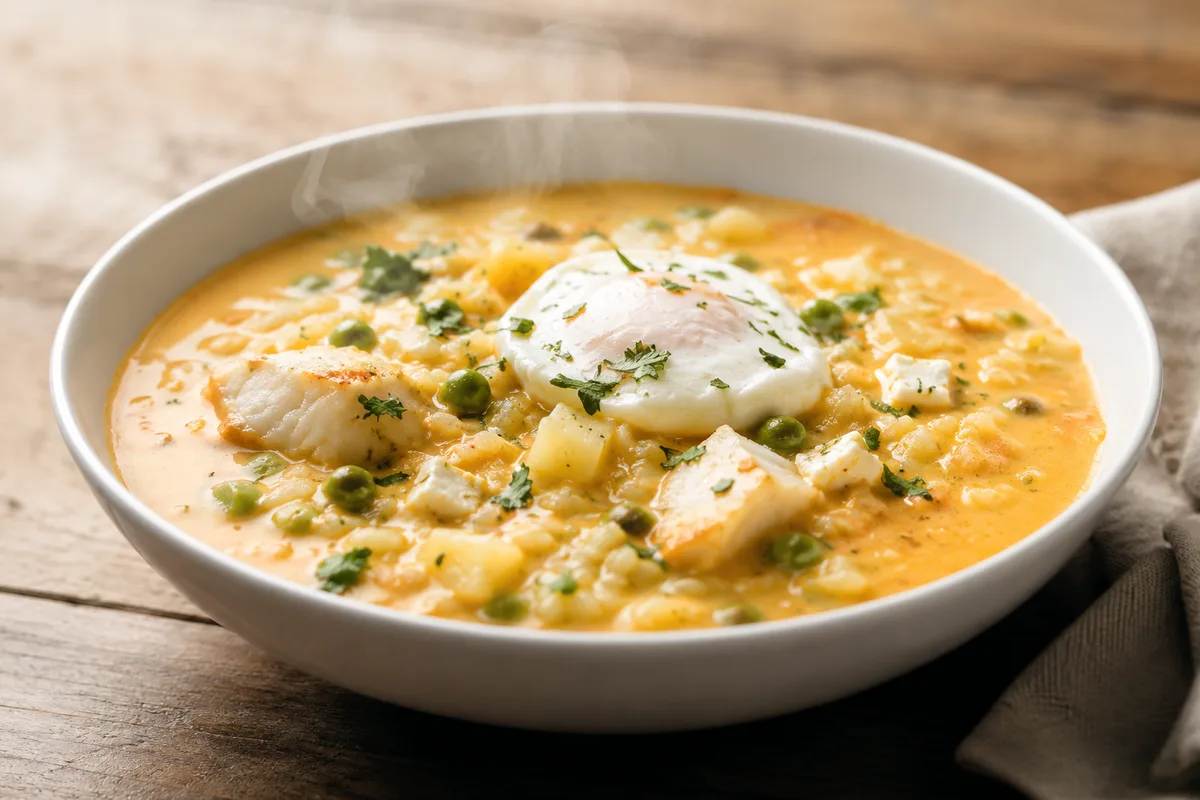 Chupe de pescado, fish chowder with rice, egg and cheese
