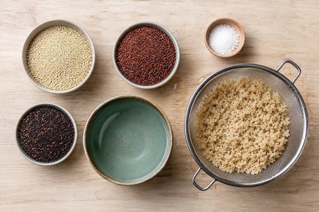 Bowls of white, red and black quinoa, a pinch of salt, and a fine-mesh strainer of rinsed quinoa